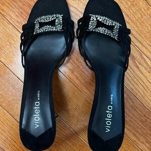 Black Heeled Sandals with Rhinestone Buckle